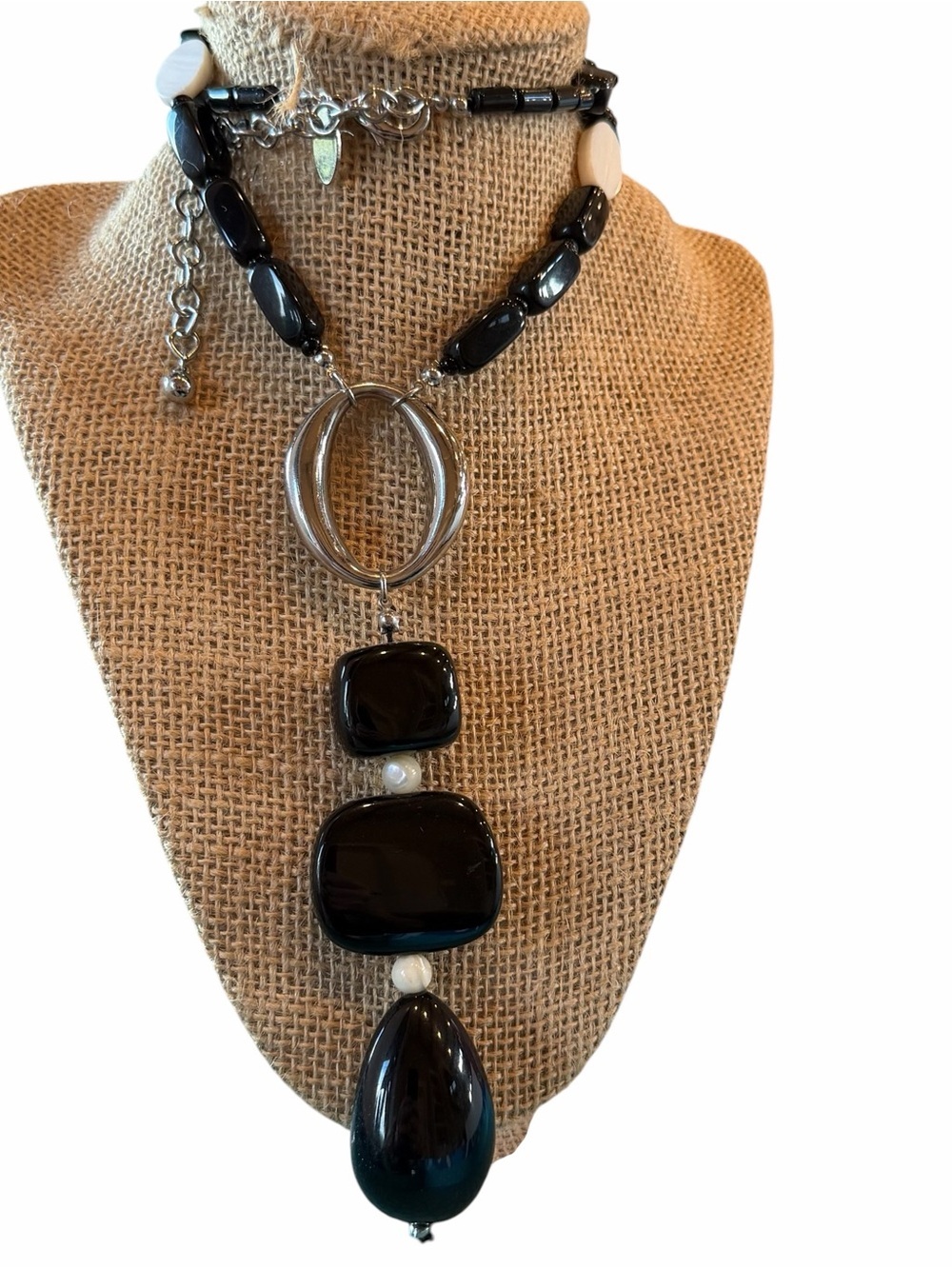 Chico's chunky black lucite and mother of pearl lariat statement necklace